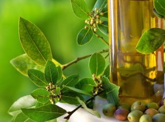Bottle of olive oil and olives.